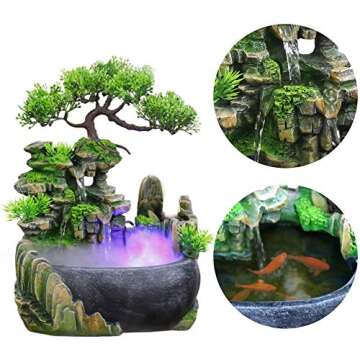 Indoor Water Fountain, Indoor Fountains and Waterfalls with Color LED Light & ON/Off Switch, Small Rockery Stream Tabletop Fountain Waterfall Decor for Home Office Bedroom