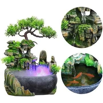 Indoor Water Fountain, Indoor Fountains and Waterfalls with Color LED Light & ON/Off Switch, Small Rockery Stream Tabletop Fountain Waterfall Decor for Home Office Bedroom