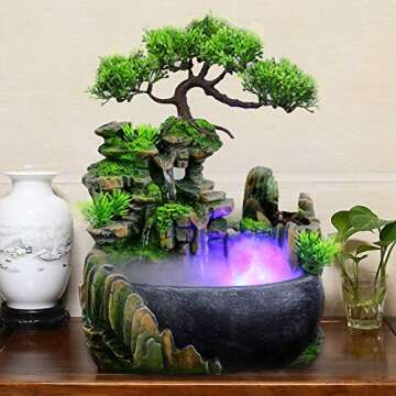 Indoor Water Fountain, Indoor Fountains and Waterfalls with Color LED Light & ON/Off Switch, Small Rockery Stream Tabletop Fountain Waterfall Decor for Home Office Bedroom