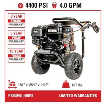 SIMPSON Cleaning PS60843 PowerShot 4400 PSI Gas Pressure Washer, 4.0 GPM, CRX 420cc Engine, Includes Spray Gun and Extension Wand, 5 QC Nozzle Tips, 3/8-inch x 50-foot Monster Hose, 49-State