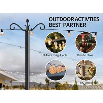 Flanagan String Light Poles 2-Pack,9FT Poles for Outdoor String Lights,Adjustable Metal Light Pole Stand, Light Poles with Hooks & 5-Prong Spiral Sturdy Anchor for Garden, Weddings and Parties
