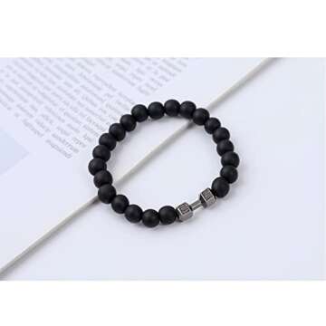 NORLSO Black Dumbbell Bracelet for Men Gym Bros Bracelet Volcanic Lava Stone Adjustable Natural Ston...