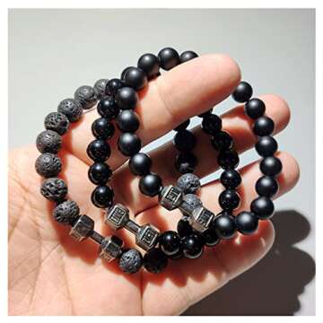 NORLSO Black Dumbbell Bracelet for Men Gym Bros Bracelet Volcanic Lava Stone Adjustable Natural Stone Beads Bracelet Fitness Barbell Jewelry for Men (B)