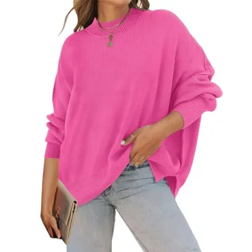 ZESICA Women's Fall Casual Long Sleeve Crew Neck Side Slit Oversized Ribbed Knit Pullover Sweater To...