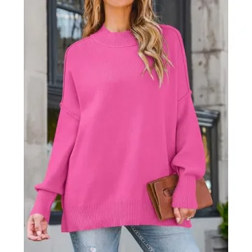 ZESICA Women's Fall Casual Long Sleeve Crew Neck Side Slit Oversized Ribbed Knit Pullover Sweater Tops,Rose,Large