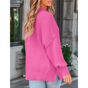 ZESICA Women's Fall Casual Long Sleeve Crew Neck Side Slit Oversized Ribbed Knit Pullover Sweater Tops,Rose,Large
