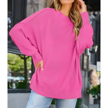 ZESICA Women's Fall Casual Long Sleeve Crew Neck Side Slit Oversized Ribbed Knit Pullover Sweater Tops,Rose,Large