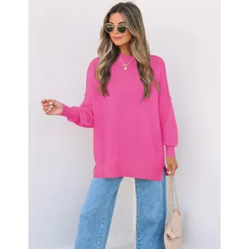 ZESICA Women's Fall Casual Long Sleeve Crew Neck Side Slit Oversized Ribbed Knit Pullover Sweater Tops,Rose,Large