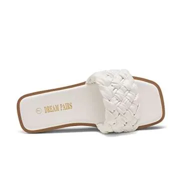 DREAM PAIRS Women's Square Open Toe Slide Sandals Cute Slip on Braided Strap Rhinestone Flat Sandals for Summer,Size 6.5,WHITE/WEAVE,SDSS2212W