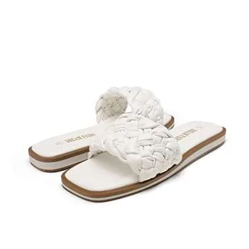 DREAM PAIRS Women's Square Open Toe Slide Sandals Cute Slip on Braided Strap Rhinestone Flat Sandals for Summer,Size 6.5,WHITE/WEAVE,SDSS2212W