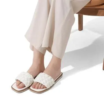 DREAM PAIRS Women's Square Open Toe Slide Sandals Cute Slip on Braided Strap Rhinestone Flat Sandals for Summer,Size 6.5,WHITE/WEAVE,SDSS2212W