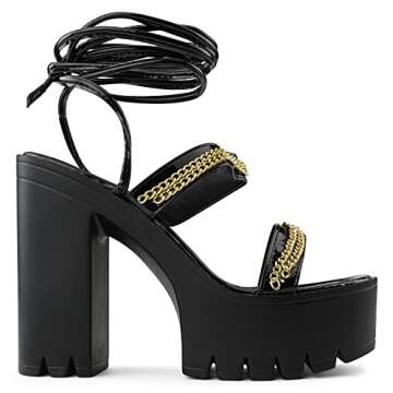 RF ROOM OF FASHION Lace Up Open Toe Double Band Lug Sole Platform Heel Dress Sandal Pumps BLACK Size.6