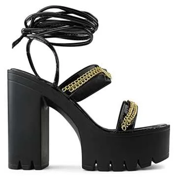 RF ROOM OF FASHION Lace Up Open Toe Double Band Lug Sole Platform Heel Dress Sandal Pumps BLACK Size.6