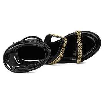 RF ROOM OF FASHION Lace Up Open Toe Double Band Lug Sole Platform Heel Dress Sandal Pumps BLACK Size.6