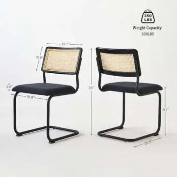 GrandNoor Black Rattan Dining Chairs Set of 2, Wooden Mid-Century Modern Kitchen Chairs, Mesh Back Cane Dining Room Chairs, Cesca Design Chairs with Metal Chrome Legs