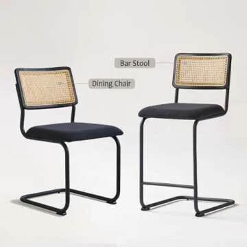 GrandNoor Black Rattan Dining Chairs Set of 2, Wooden Mid-Century Modern Kitchen Chairs, Mesh Back Cane Dining Room Chairs, Cesca Design Chairs with Metal Chrome Legs