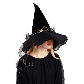 C-ZOFEK Black Velvet Witch Hat with Lace Brim for Women Wizard Cosplay Halloween Party Costume (Styl...