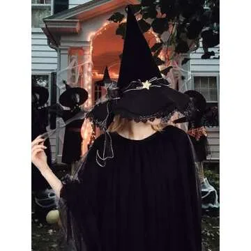 C-ZOFEK Black Velvet Witch Hat with Lace Brim for Women Wizard Cosplay Halloween Party Costume (Style A)