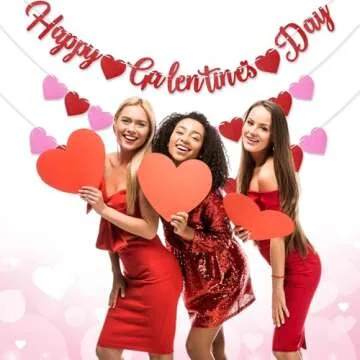 Epakh 3 Pcs DIY Happy Galentines Day Banner, Glitter Heart Garland Romantic Props Anniversary Hanging Supplies for Ladies(Rose Red)