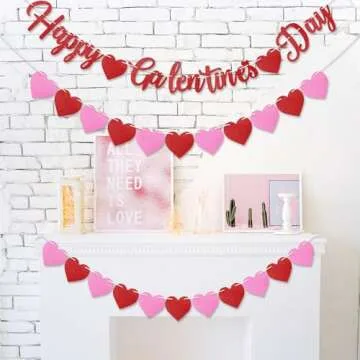 Epakh 3 Pcs DIY Happy Galentines Day Banner, Glitter Heart Garland Romantic Props Anniversary Hanging Supplies for Ladies(Rose Red)