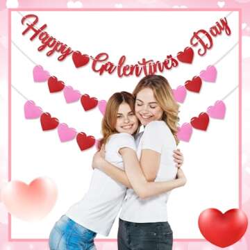 Epakh 3 Pcs DIY Happy Galentines Day Banner, Glitter Heart Garland Romantic Props Anniversary Hanging Supplies for Ladies(Rose Red)
