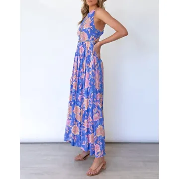 ZESICA Summer Halter Neck Floral Print Backless Dress