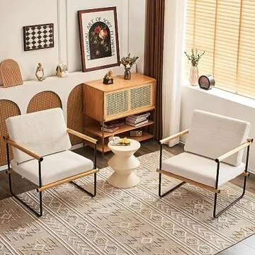 Fahomiss 29in Boucle Fabric Accent Chair for Living Room, Modern Lounge Chair for Bedroom, Upholstered Reading Armchair with Metal and Wooden Arms (Natural)