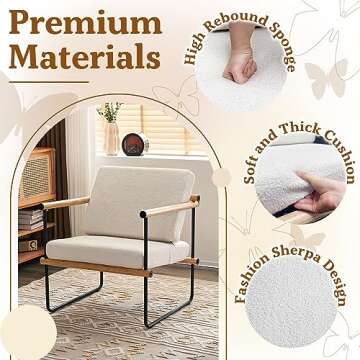 Fahomiss 29in Boucle Fabric Accent Chair for Living Room, Modern Lounge Chair for Bedroom, Upholstered Reading Armchair with Metal and Wooden Arms (Natural)