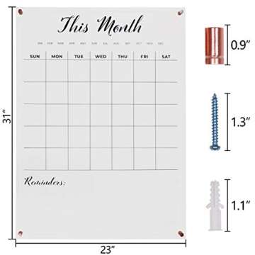Large, clear, monthly Acrylic calendar for wall with Rose Gold mounting hardware. 23" x 31" x 0.2" wall mounted dry erase calendar.