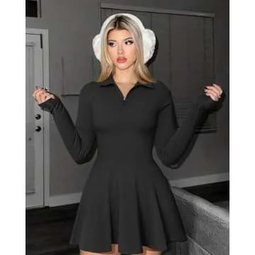 OQQ Womens Dress Casual Long Sleeve Elastic Simple A-Line Zipper Mini Dress Black