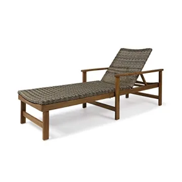 GDFStudio Rustic Acacia Wood Chaise Lounge with Adjustable Wicker Seating for Outdoor Comfort
