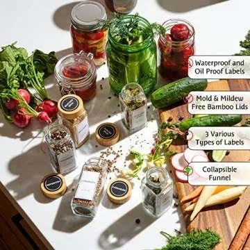 Set of 24 Glass Spice Jars with Various Labels, Bamboo Shaker Lids & Funnel, Kitchen Storage Jars with Airtight Lid, Spices & Seasonings Sets Organizer, Spice Containers, Glass Jar Food Canister