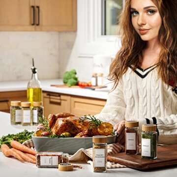 Set of 24 Glass Spice Jars with Various Labels, Bamboo Shaker Lids & Funnel, Kitchen Storage Jars with Airtight Lid, Spices & Seasonings Sets Organizer, Spice Containers, Glass Jar Food Canister