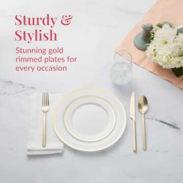 Prestee 200pc Gold Disposable Plates Set – 100 Dinner and 100 Salad Plates, White with Gold Rim ?...