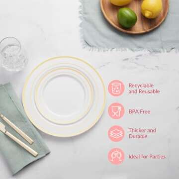 Prestee 200pc Gold Disposable Plates Set – 100 Dinner and 100 Salad Plates, White with Gold Rim – Heavy-Duty Plastic Plates for Party, Wedding, Holiday, Appetizer and Dessert