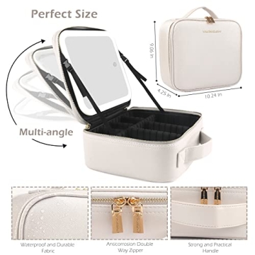 Wangselect Travel Vanity Bag with Light and Mirror Travel Makeup Train Case Cosmetic Bag Organizer with Adjustable Dividers Portable Storage Adjustable Partition Traveling Makeup Box Khaki