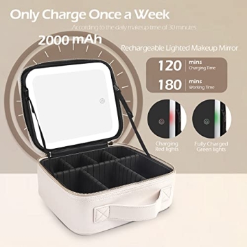 Wangselect Travel Vanity Bag with Light and Mirror Travel Makeup Train Case Cosmetic Bag Organizer with Adjustable Dividers Portable Storage Adjustable Partition Traveling Makeup Box Khaki