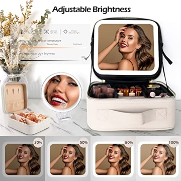Wangselect Travel Vanity Bag with Light and Mirror Travel Makeup Train Case Cosmetic Bag Organizer with Adjustable Dividers Portable Storage Adjustable Partition Traveling Makeup Box Khaki