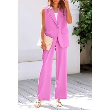 PRETTYGARDEN Women's 2 Piece Pant Suit Dressy Button Up Vest Blazer and Long Pants Set Business Casual Outfits (Pink,Small)