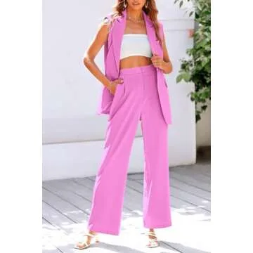 PRETTYGARDEN Women's 2 Piece Pant Suit Dressy Button Up Vest Blazer and Long Pants Set Business Casual Outfits (Pink,Small)