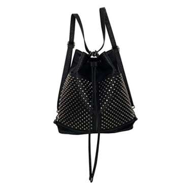 Chikencall Over-size Studded Bucket Bag for Women,3 Ways Multifunction Backpack Vegan Leather Punk R...