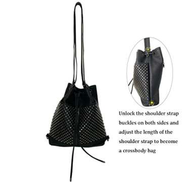 Chikencall Over-size Studded Bucket Bag for Women,3 Ways Multifunction Backpack Vegan Leather Punk Rock Rivet Large Shoulder Bag Crossbody Bag Black