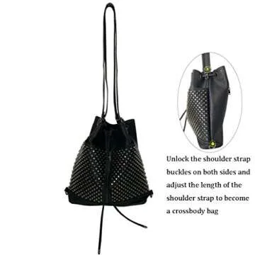 Chikencall Over-size Studded Bucket Bag for Women,3 Ways Multifunction Backpack Vegan Leather Punk Rock Rivet Large Shoulder Bag Crossbody Bag Black