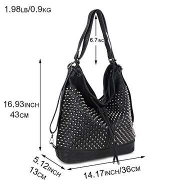 Chikencall Over-size Studded Bucket Bag for Women,3 Ways Multifunction Backpack Vegan Leather Punk Rock Rivet Large Shoulder Bag Crossbody Bag Black