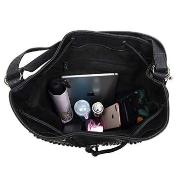 Chikencall Over-size Studded Bucket Bag for Women,3 Ways Multifunction Backpack Vegan Leather Punk Rock Rivet Large Shoulder Bag Crossbody Bag Black