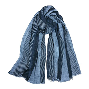 GERINLY Cotton-Linen Scarves Mens Stripe Crinkle Long Scarf – Warm and Stylish Neck Wrap in Blue