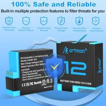 Artman Batteries 1800mAh (2-Pack) for GoPro Hero 12 11 10 9 Black and 3-Channel Quick Charger, Fully Compatible with GoPro Hero 12 11 10 9 Original Battery and Charger
