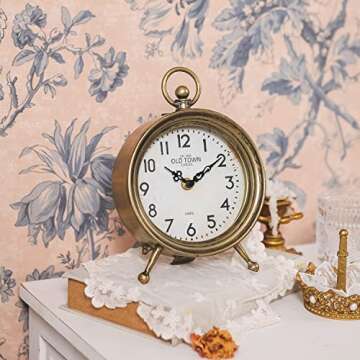 NIKKY HOME Vintage Table Clock, Table Clock Battery Operated Rustic Design Shelf Clock Rustic Mantel Clock Non-Ticking, Metal Frame with Antique Gold Finish