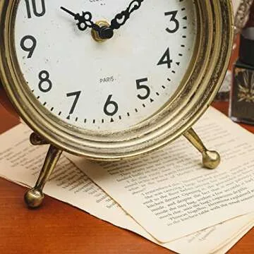 NIKKY HOME Vintage Table Clock, Table Clock Battery Operated Rustic Design Shelf Clock Rustic Mantel Clock Non-Ticking, Metal Frame with Antique Gold Finish