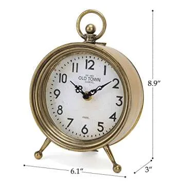 NIKKY HOME Vintage Table Clock, Table Clock Battery Operated Rustic Design Shelf Clock Rustic Mantel Clock Non-Ticking, Metal Frame with Antique Gold Finish